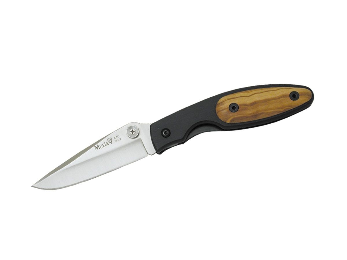 Nóż składany Muela, aluminium / drewno oliwne drewno CLIP POINT, dł. całkowita 18 cm