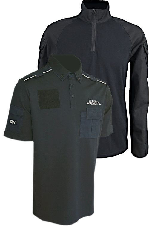 ZESTAW: Combat Shirt - bluza pod kamizelkę taktyczną - czarny i Koszulka specjalna (typu polo) Służby Więziennej