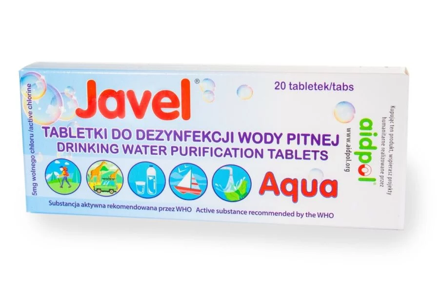 Tabletki do odkażania wody Javel Aqua 20 szt. Rozpuszczalne tabletki chlorowe z lekkim smakiem i długim terminem przydatności do użycia, przeznaczone do dezynfekcji wody pitnej.