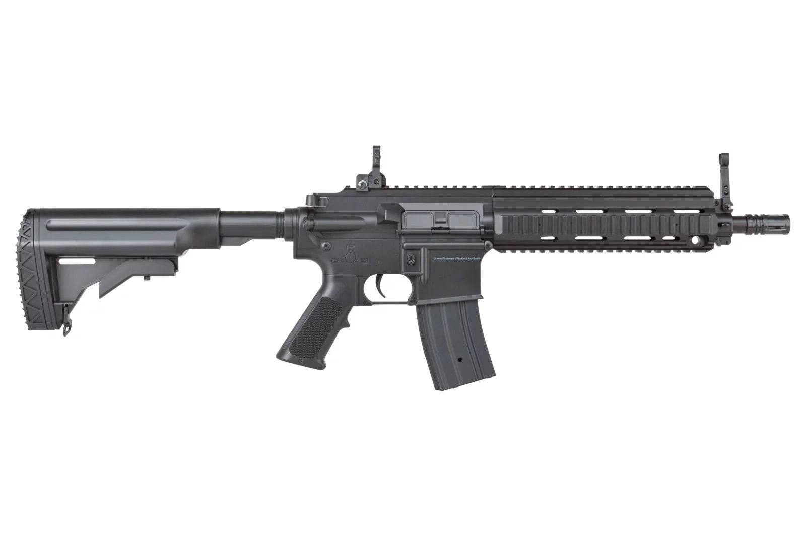 Heckler&Koch HK-416 CQB 6mm elektryk to replika karabinka z napędem elektrycznym, idealna dla początkujących w airsoftu. Zbudowany z polimeru, ma metalowe przyrządy celownicze i magazynek.