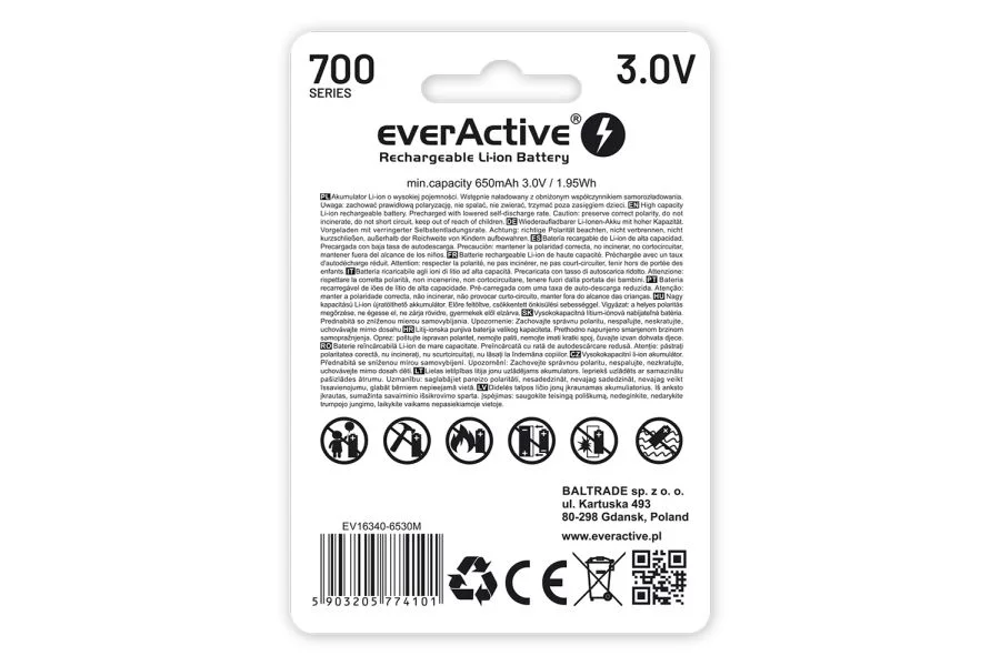 Akumulator EverActive 3V RCR123A / 16340 700mAh - widok 2