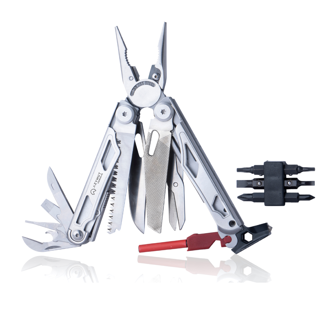 Multitool AZYMUT Giewon FS - Fire Starter - 19 narzędzi -  krzesiwo + gwizdek + kabura do pasa (H2038A)
