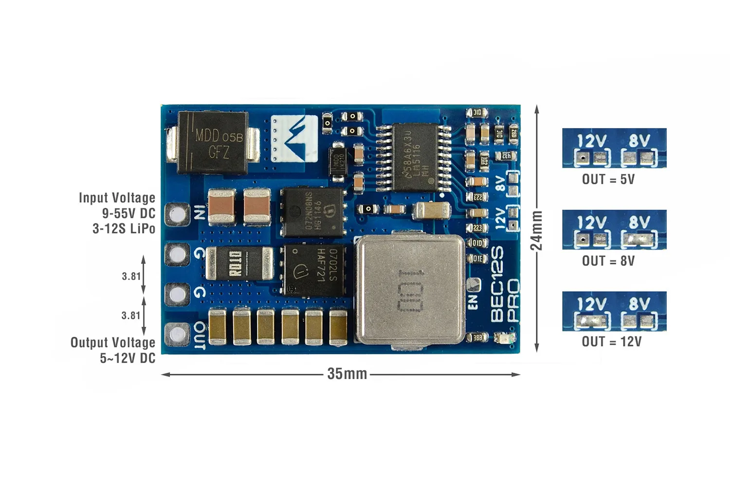BEC Przetwornica step-down Matek BEC12S-PRO, 9-55V na 5V/8V/12V-5A