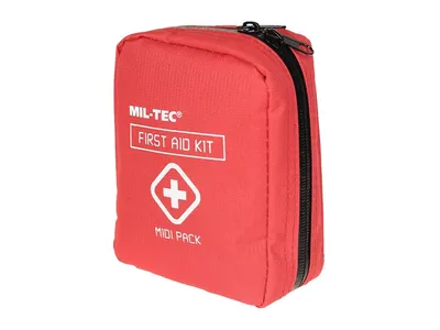 Apteczka Mil-Tec midi czerwona o wymiarach 13 x 10 x 5 cm, przeznaczona dla osób aktywnie spędzających czas na świeżym powietrzu. Zaprojektowana do organizacji medykamentów w terenie, gdzie szybki dostęp do zawarto