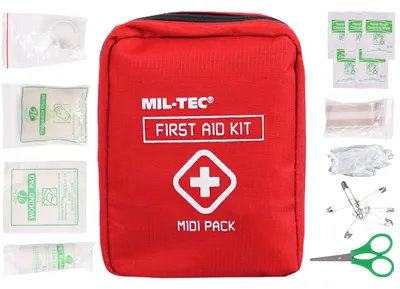 Apteczka Mil-Tec midi czerwona z zawartością medykamentów i narzędzi pierwszej pomocy.