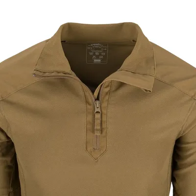 Bluza taktyczna Helikon-Tex MCDU Combat Shirt w kolorze MultiCam/Coyote A w rozmiarze XS/Regular. Zdjęcie przedstawia bluzę z wysokim kołnierzem i zapięciem na zamek błyskawi, wykonaną z mater