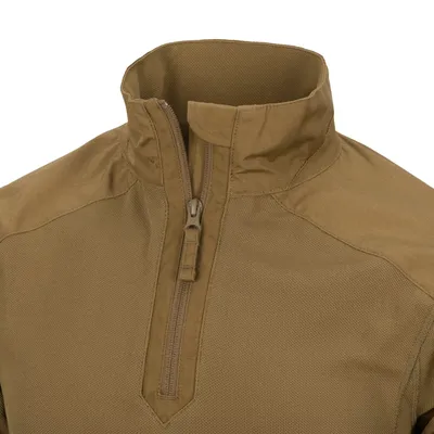 Bluza taktyczna Helikon-Tex MCDU Combat Shirt w kolorze MultiCam/Coyote A, z wysokim kołnierzem z zapięciem na zamek błyskawi.